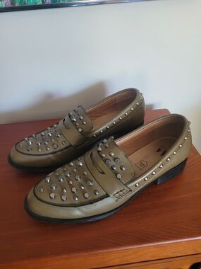 Olive Studded Leather Penny Loafers EU 40